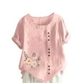 thumbnail image 2 of YOTAMI Plus Size Summer Linen Tops for Women Fashion Short Sleeve Graphic T Shirts for Party Floral Print Crew Neck Oversized Clothes Pink, 2 of 4