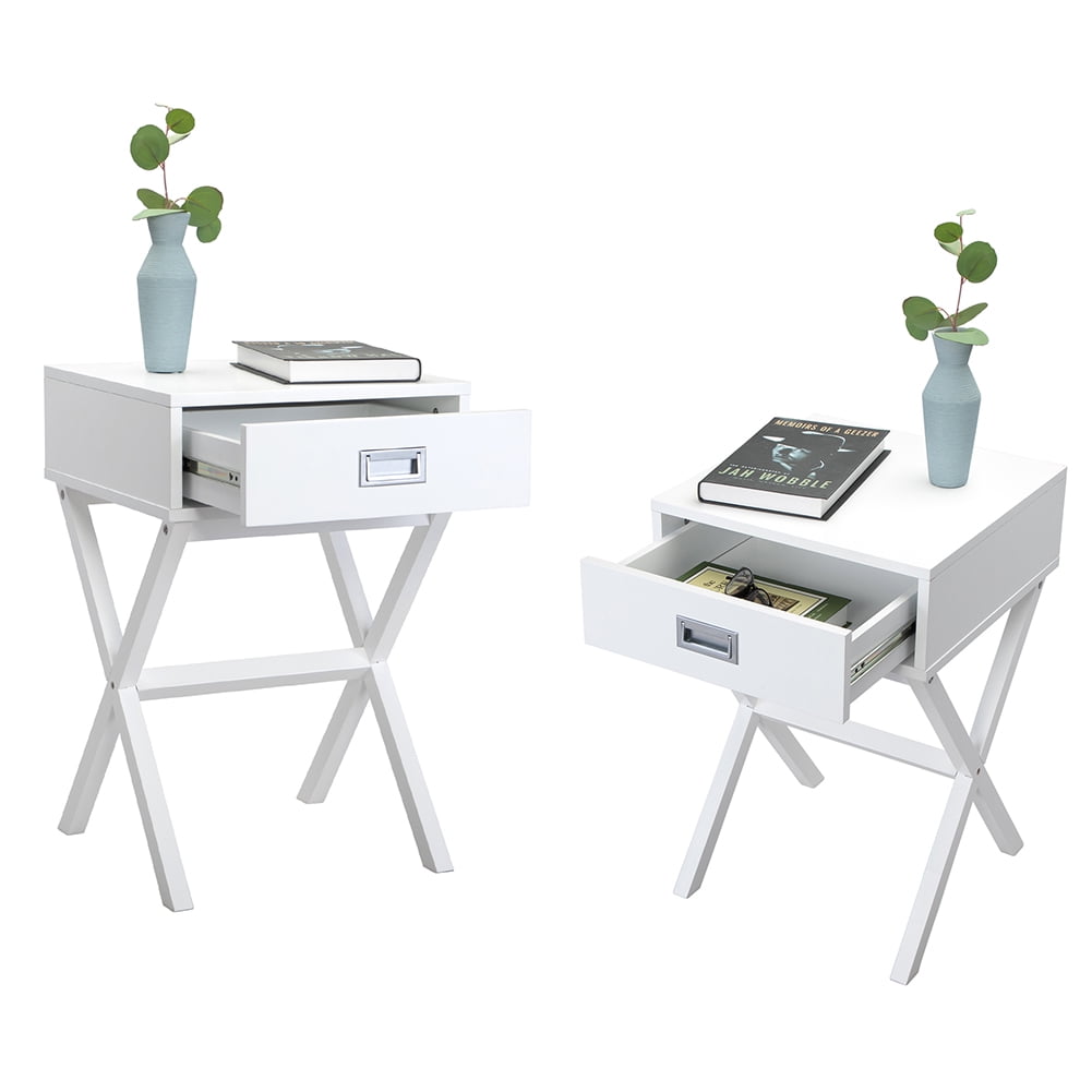 Kepooman 2-PCS Nightstand, X-Leg End Table, Side Table, Wood Accent Table with Storage for Bedroom, White