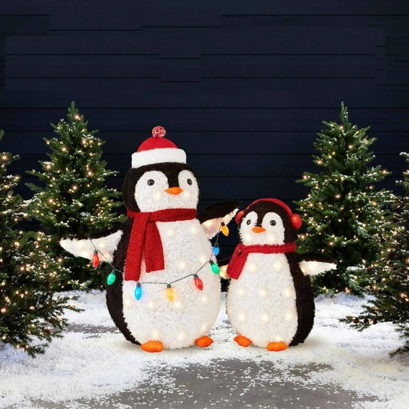 CONCETTA 2-Piece Lighted Penguin Family, 3ft Pop-Up Christmas Holiday Decoration w/ 150 LED Lights, Multicolored Lights - Red
