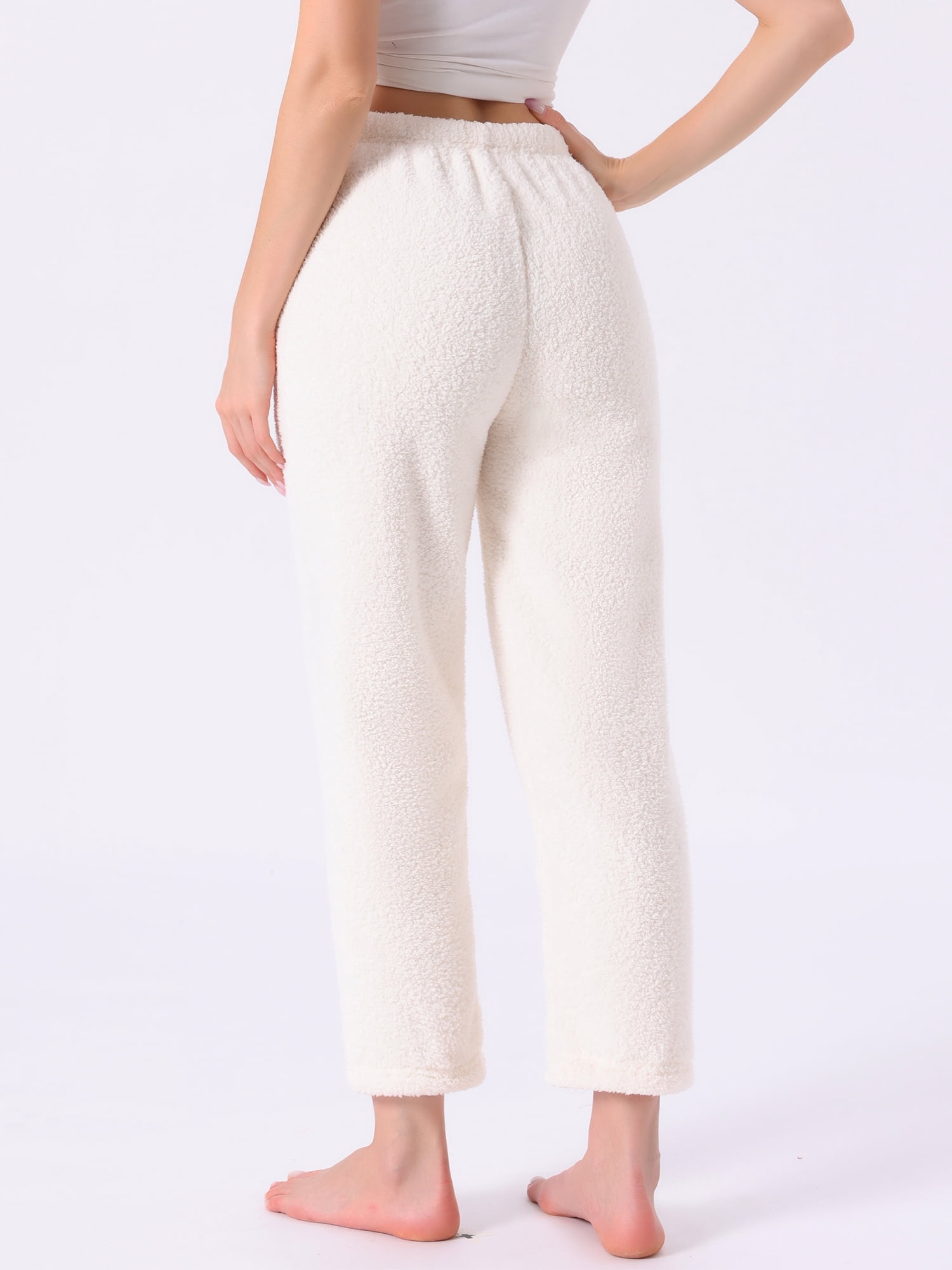 DARING DIVA Women's Fleece Fuzzy Elastic Waistband Lounge Pants S White