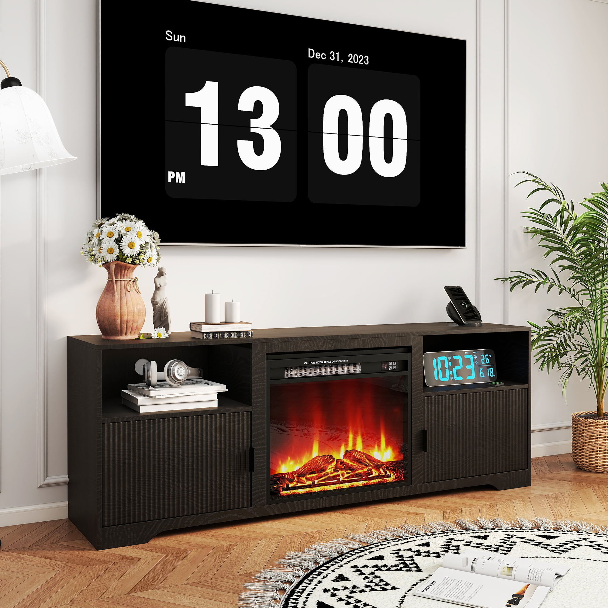 LUCKYELF Fireplace TV Stand, Entertainment Center for TVs up to 80", Wood Media Console for Living Room, Bedroom, Black