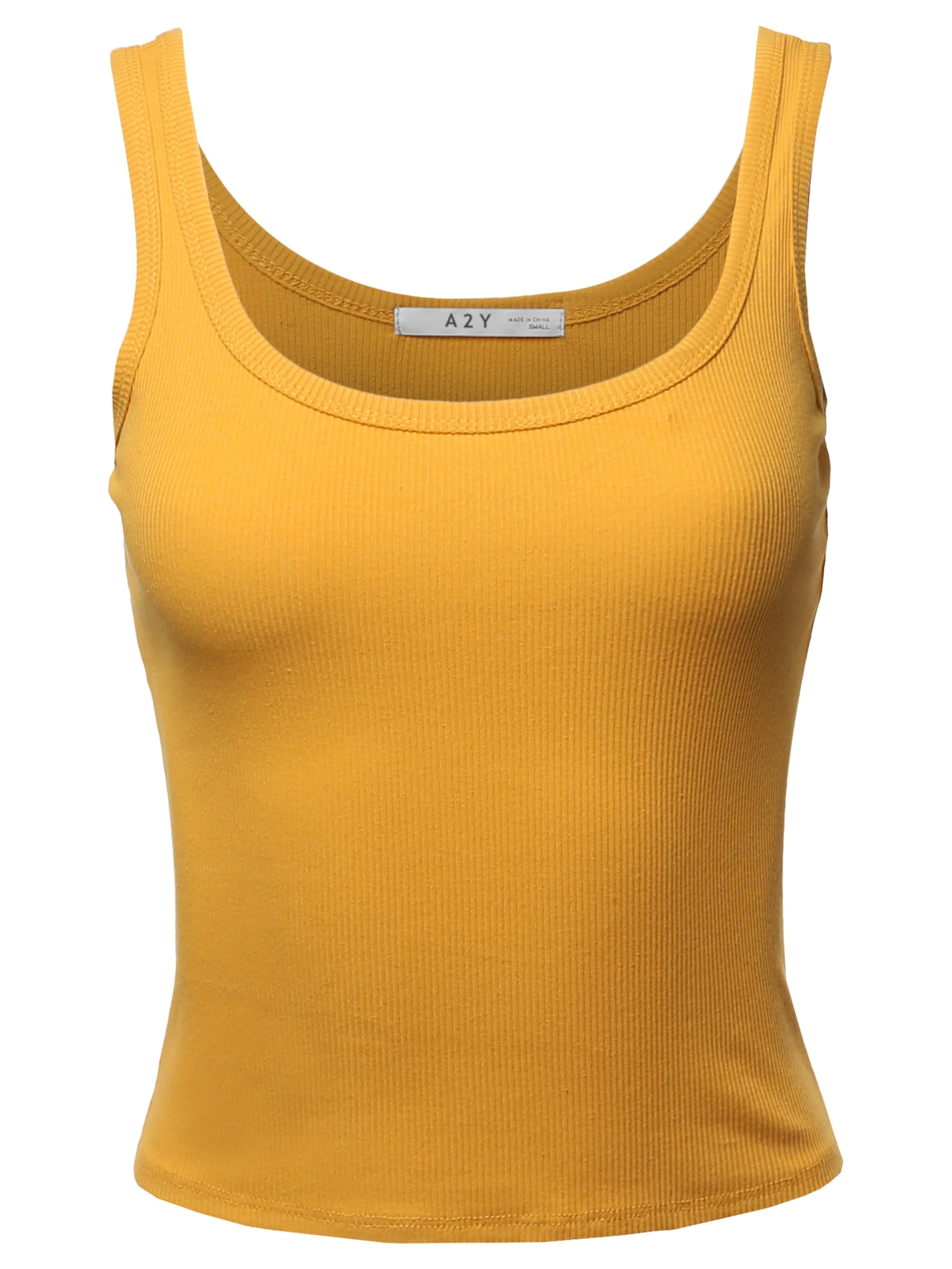 A2Y Women's Basic Solid Double Scoop Neck Rib Cropped Tank Top Mustard