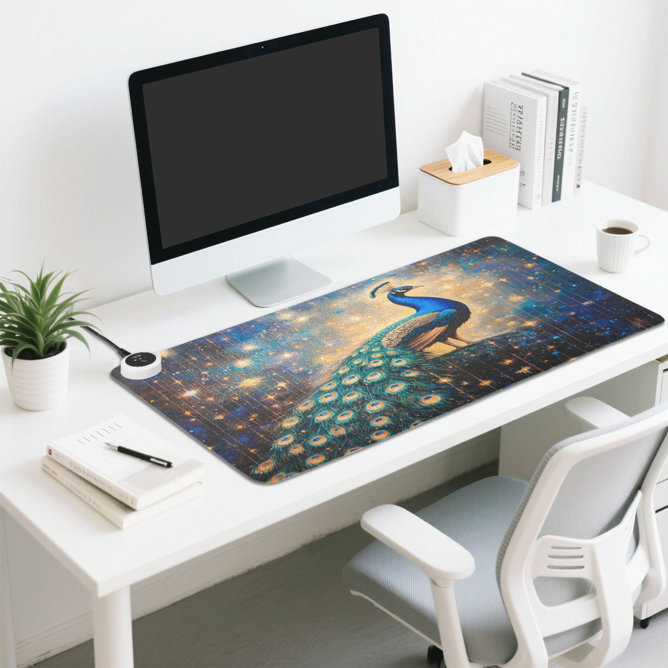 Wobogo Starry Peacock Heated Mouse Pad Extra-Large Desk Mat With 3 Heating Levels and 3-hour Auto Shut-Off Protection Ideal for Computer Keyboards Home Office Hand-warming Essential 31.5in × 13in