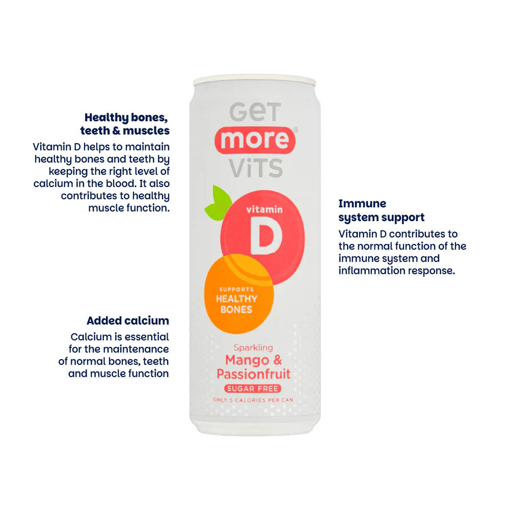 Get More Vits Sparkling Mango & Passionfruit – Vitamin D (12-Pack Case) – Zero Sugar, Low Calorie, Functional Fruit Drink