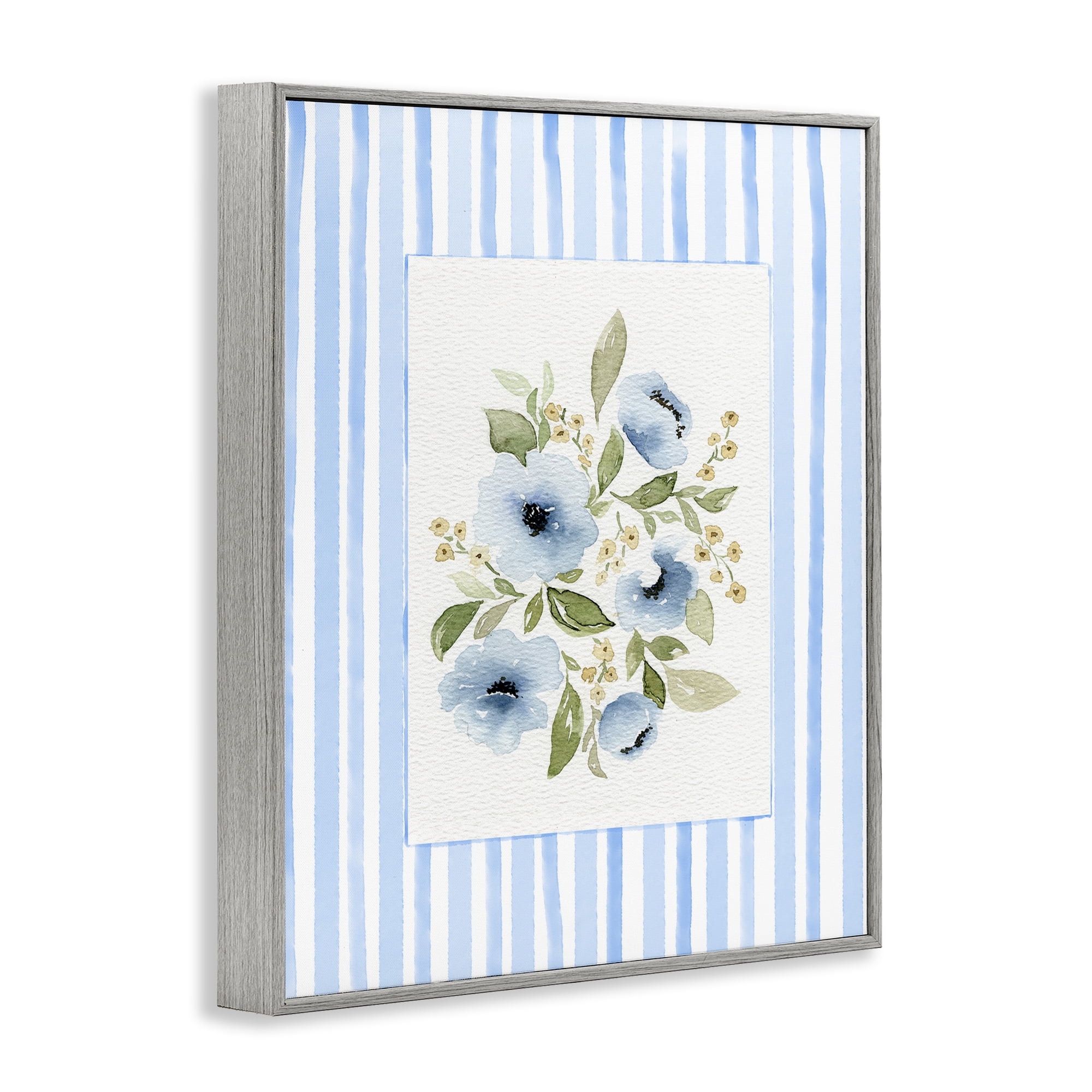 Stupell Industries Flowers with Blue Stripes Gray Framed Giclee Art, design by Leah Noel Art
