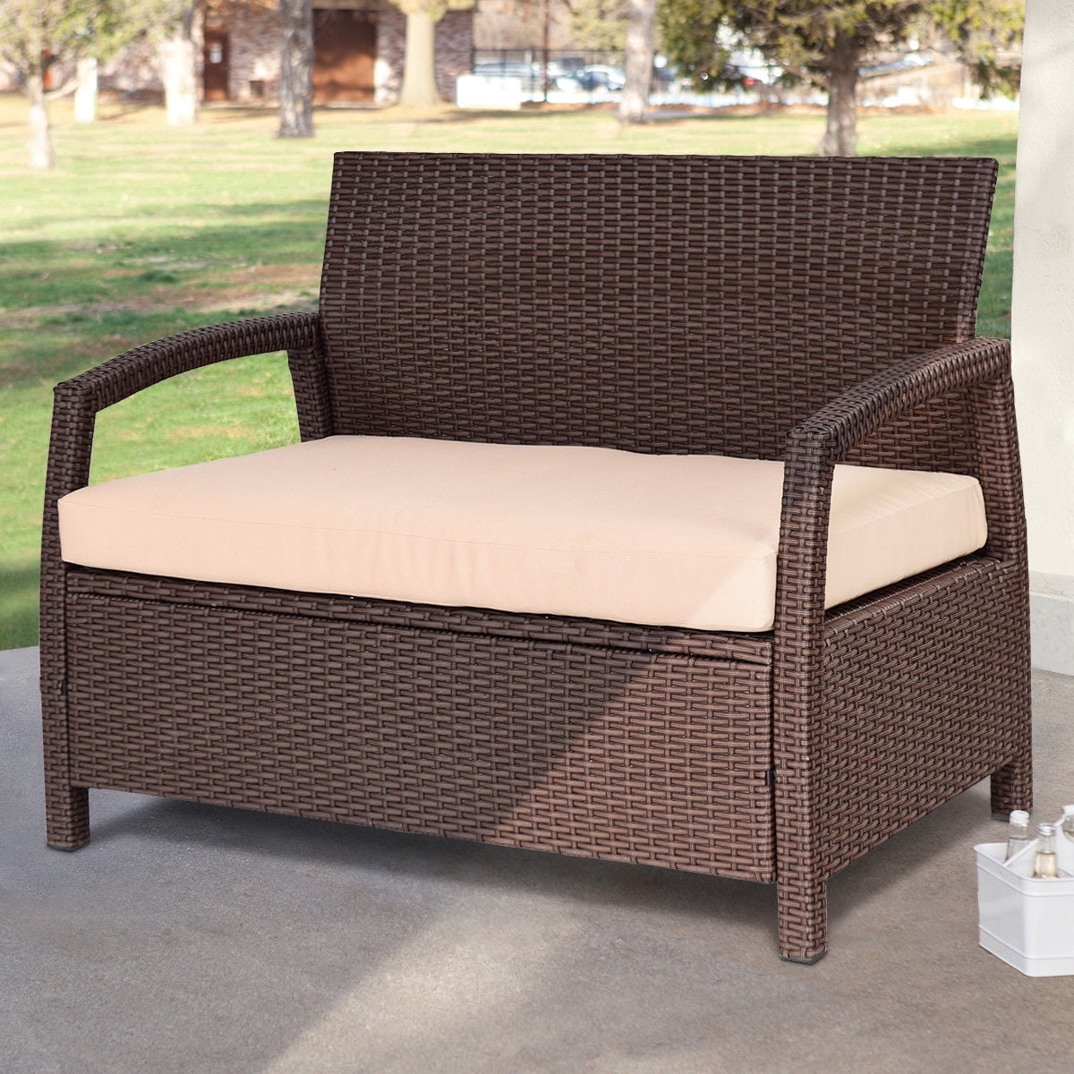 Costway Outdoor Rattan Loveseat Bench Couch ChairPatio ...
