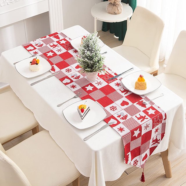 Mantel Navideño, Camino de Mesa Navideño, Camino de Mesa Lavable de Lino, Camino de Mesa Navideño de Algodón y Lino, para Comedor, Fiesta, Vacaciones, Decoración 180 x 33 cm