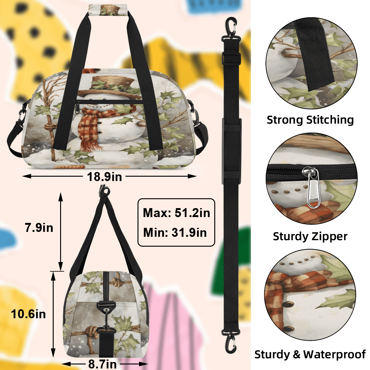Herdesigns Christmas Sports Duffle Bag for Women & Men, Winter Xmas Tree Snowman Gym Bag Dance Bag Overnight Bag Carry On Weekender Travel Bag