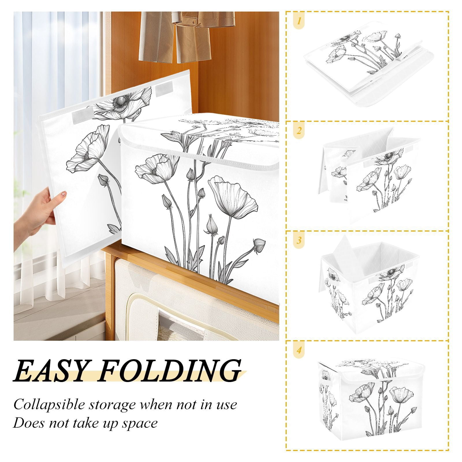 Black Line Flowers Storage Basket for Shelves Foldable Container Organizer for Organizing Toys Clothes Books with Handles