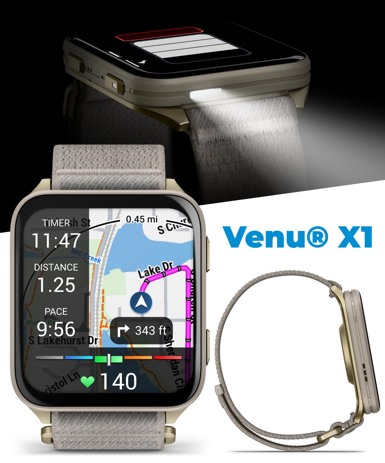 Garmin Venu X1 Thin and Lightweight GPS Smartwatch, AMOLED Display, Soft Gold with Titanium Caseback & French Gray Nylon Band with Wearable4U White EarBuds Bundle