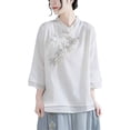 thumbnail image 2 of Embroidered Tops For Women Gauze Shirts Lightweight Linen Blouses For Women Chinese Style Tops For Women Summer Blouses For Women Beach Vacation Tshirts Chinese Frog Casual Blouses White M, 2 of 5