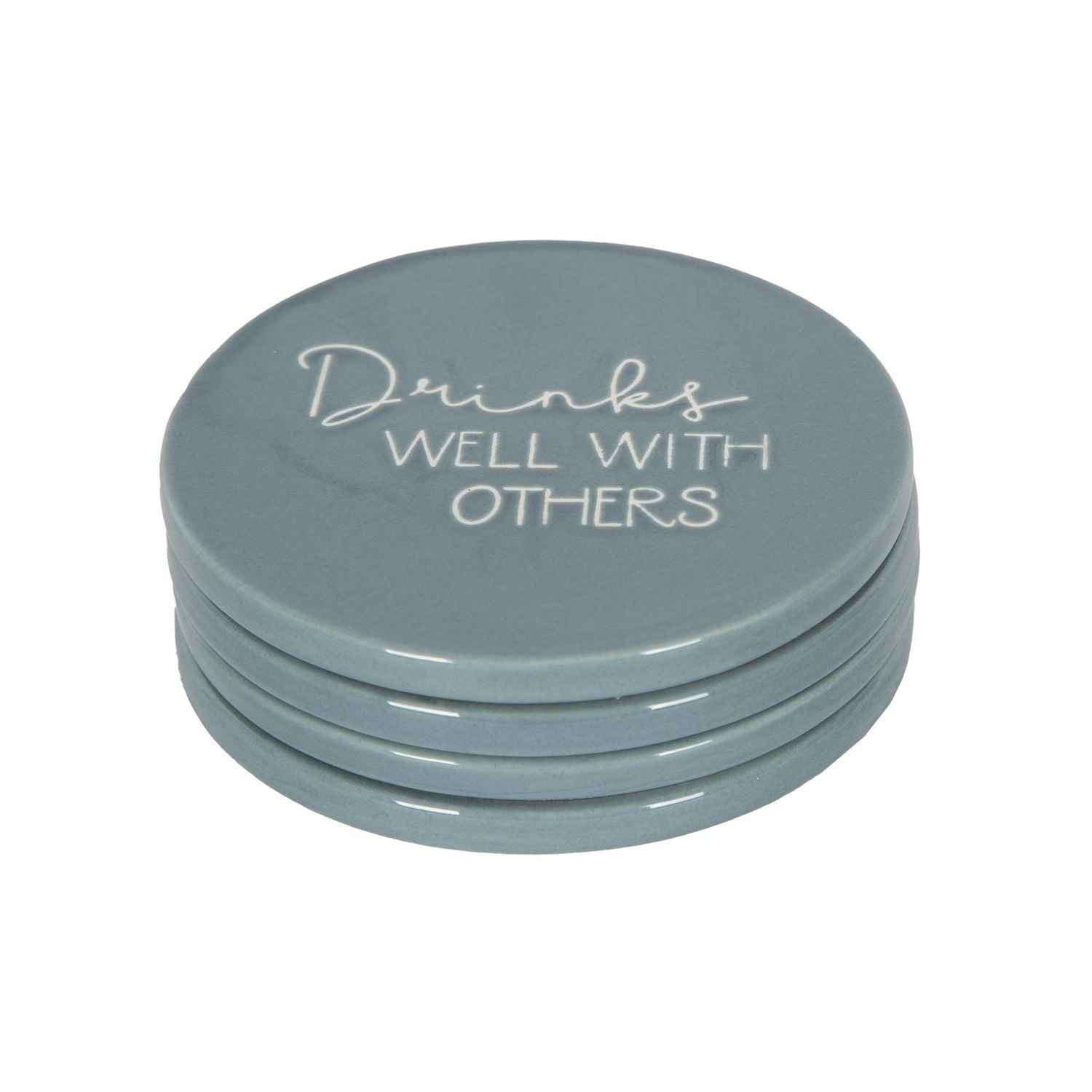 Linden Porcelain 4 Piece Coaster Set with Blue Finish, Assorted Sayings