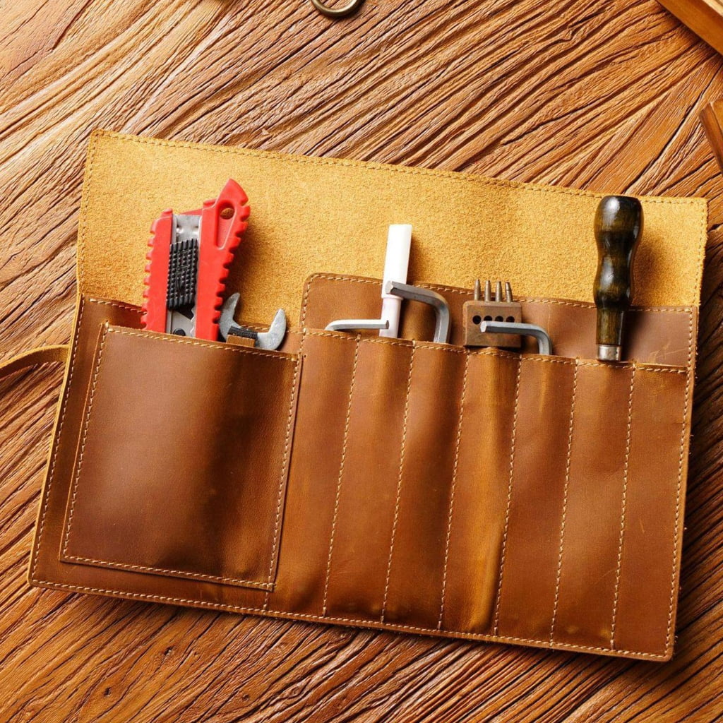 Leather Pen Roll Organizers Multiple Compartment Pencil Case For Student Artist
