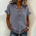 thumbnail image 4 of Gfyviroh Trendy Tops for Women Ruffle Trim V-Neck Casual Shirt Cotton Linen Short Sleeve Summer Blouse, 4 of 4