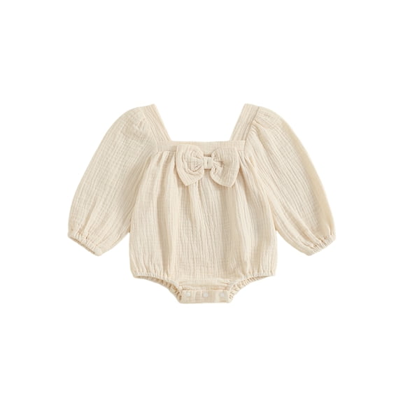 Cjfdfy Newborn Baby Girl Spring Fall Outfit Cotton Gauze Baby Clothes Bubble Romper Infant Long Sleeve Square Neck Bow Decor Jumpsuit Bodysuit Playsuit