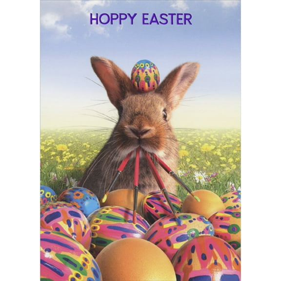 RSVP Hoppy Easter: Bunny with Egg on Head and Paint Brushes in Mouth Cute / Funny Easter Card