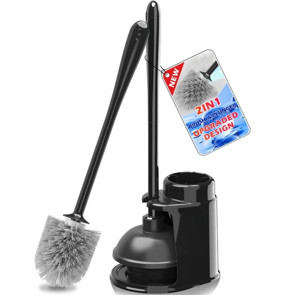 JEHONN Toilet Plunger and Brush Set Black with Holder and Hidden Tweezers