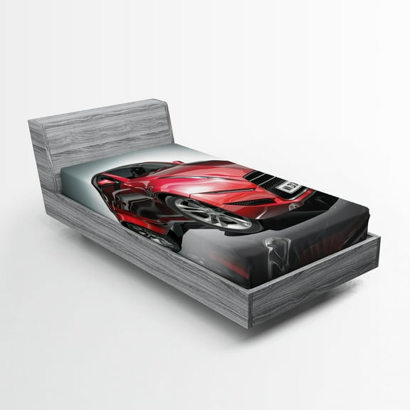 Ambesonne Car Fitted Sheet, Red Fast Sports Racing Men, Twin XL Size, Grey Red