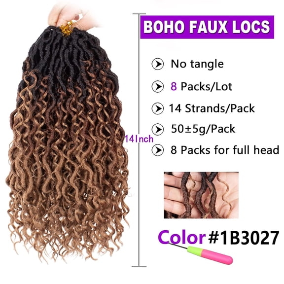 WEIF-8 Packs 14 Inch Goddess Locs Crochet Hair Ombre Boho Faux Locs, 3 Tone Curly Boho Faux Locs Crochet Hair,Pre Looped Hippie Locs Hair Extension For Women 1B3027#