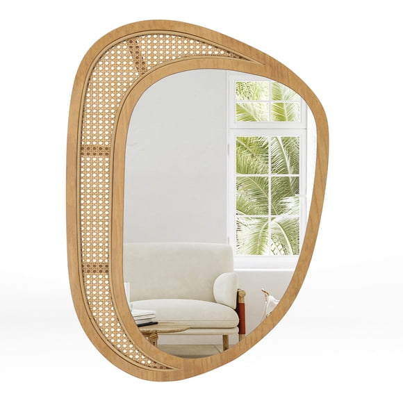 Gymax Rattan Wall Mirror w/ Wooden Frame Farmhouse Hanging Mirror for Bathroom Entryway
