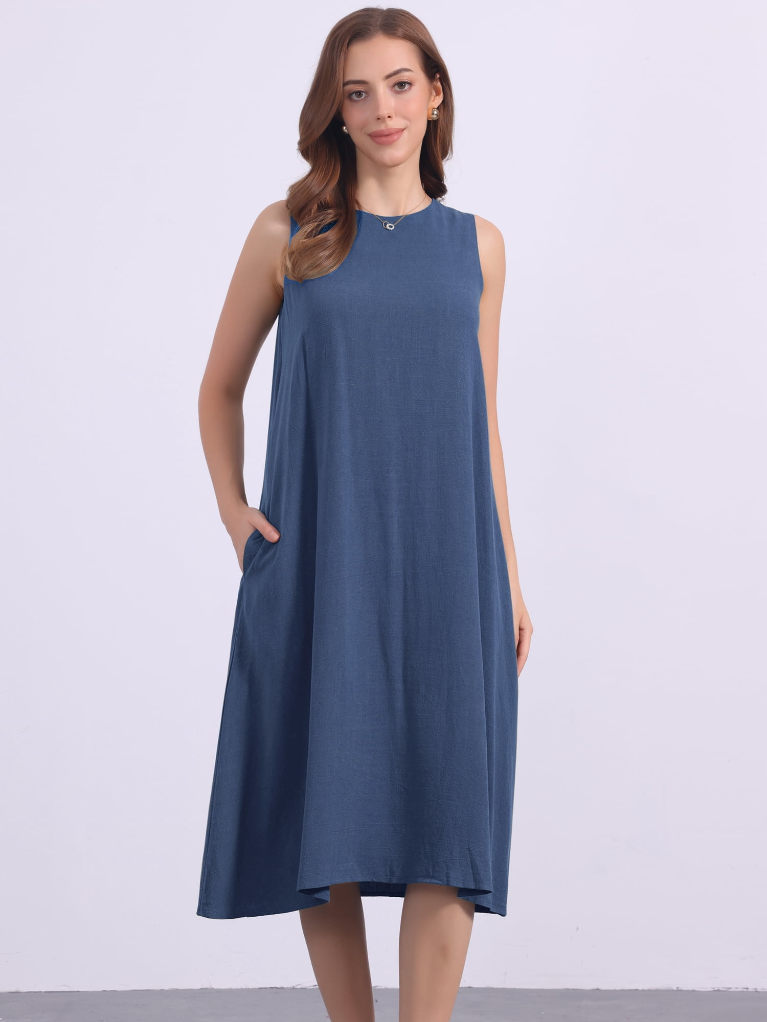 DARING DIVA Linen Sleeveless Dress Small Navy