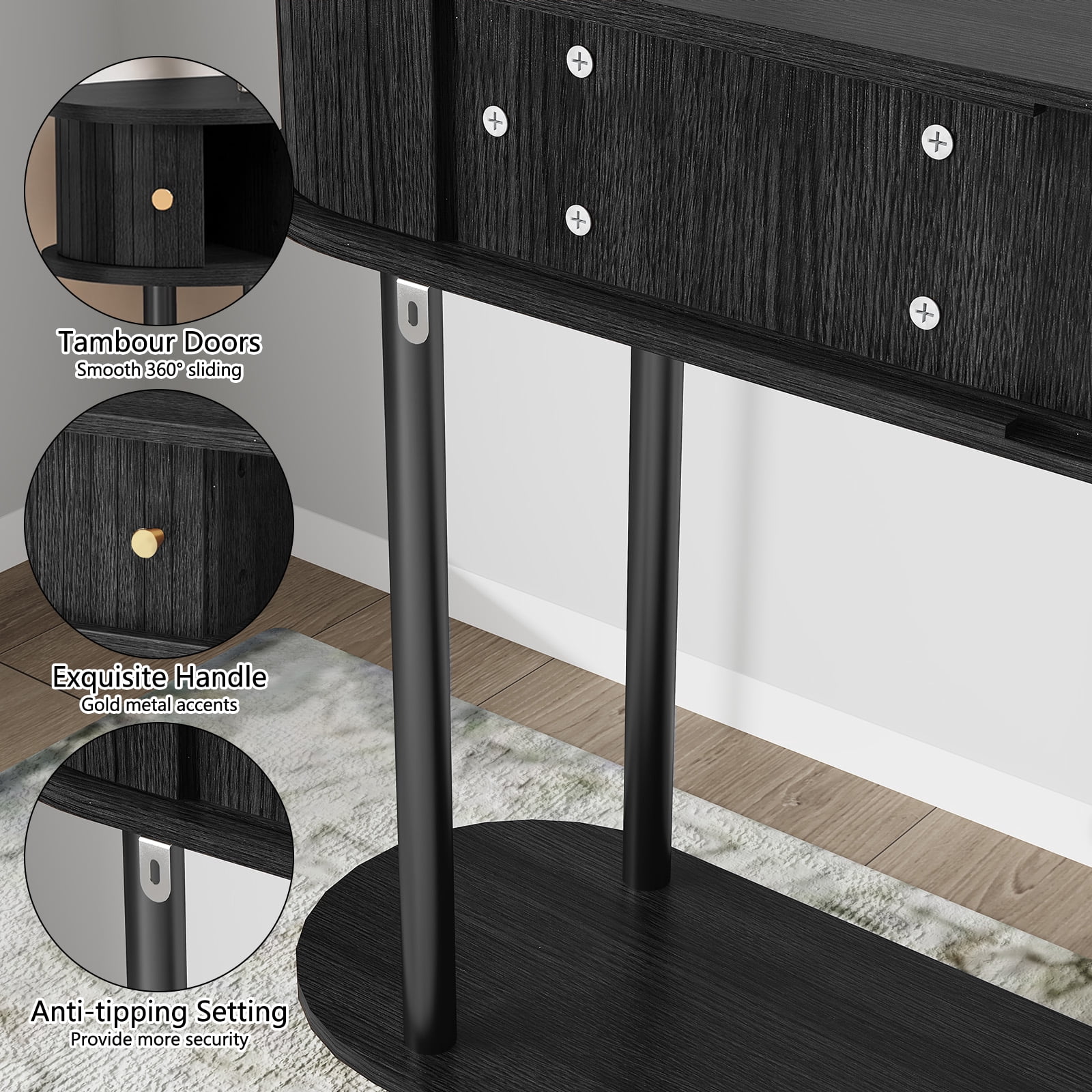 HLR 47.2" Farmhouse Console Table, Entryway Table with 2 Tambour Doors for Living Room, Black