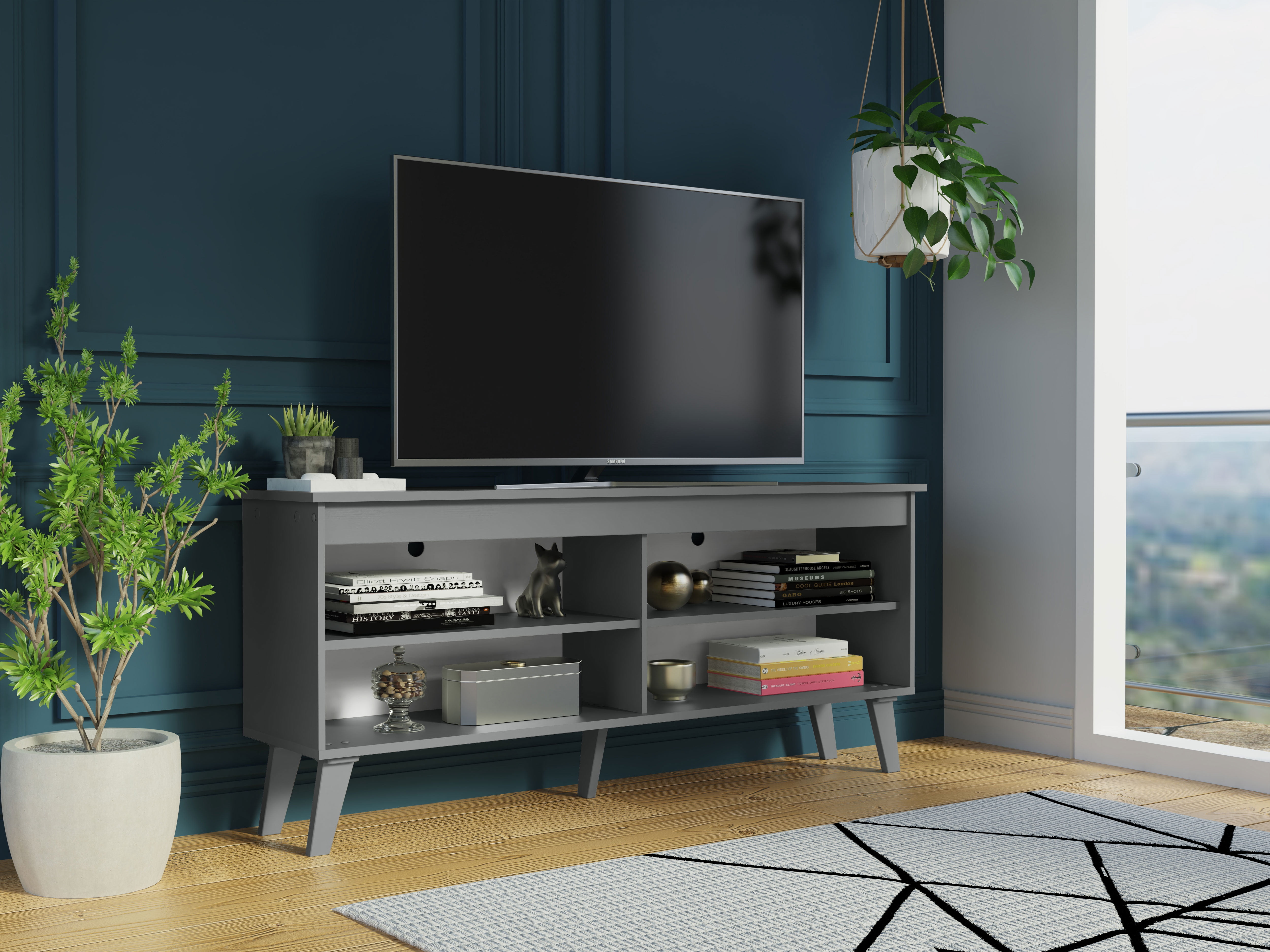 Madesa Compact TV Stand Cabinet with 4 Shelves and Cable Management for 50, 55 Inch TV Media Storage Unit Living Room and Bedroom Modern Wooden Television Media Console - Grey