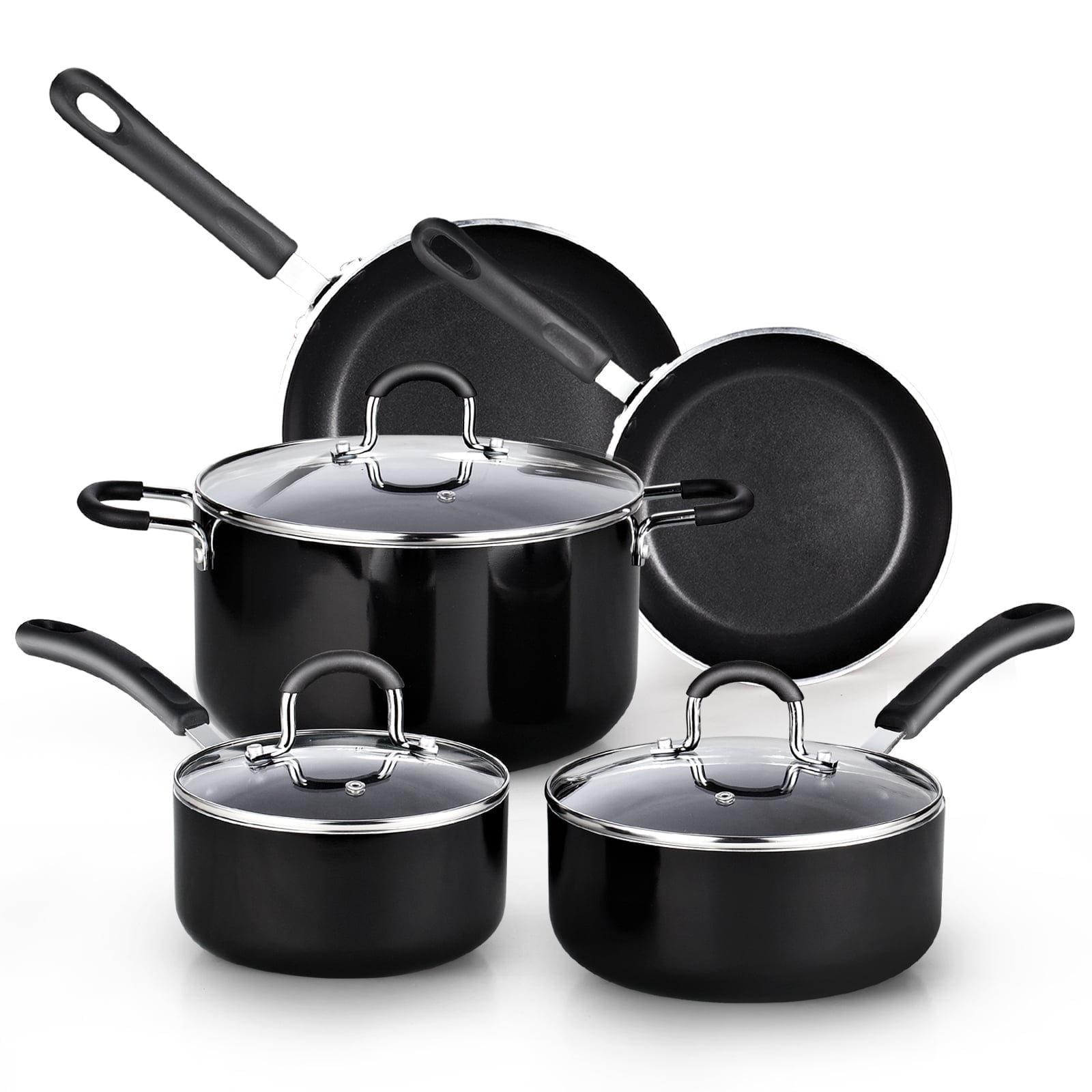 Cook N Home Professional Pots and Pans Kitchen Cookware Set - Includes Saucepans with Lid, Stockpot with Lid, Frying Pans, Heavy Nonstick, 8-Piece, Black