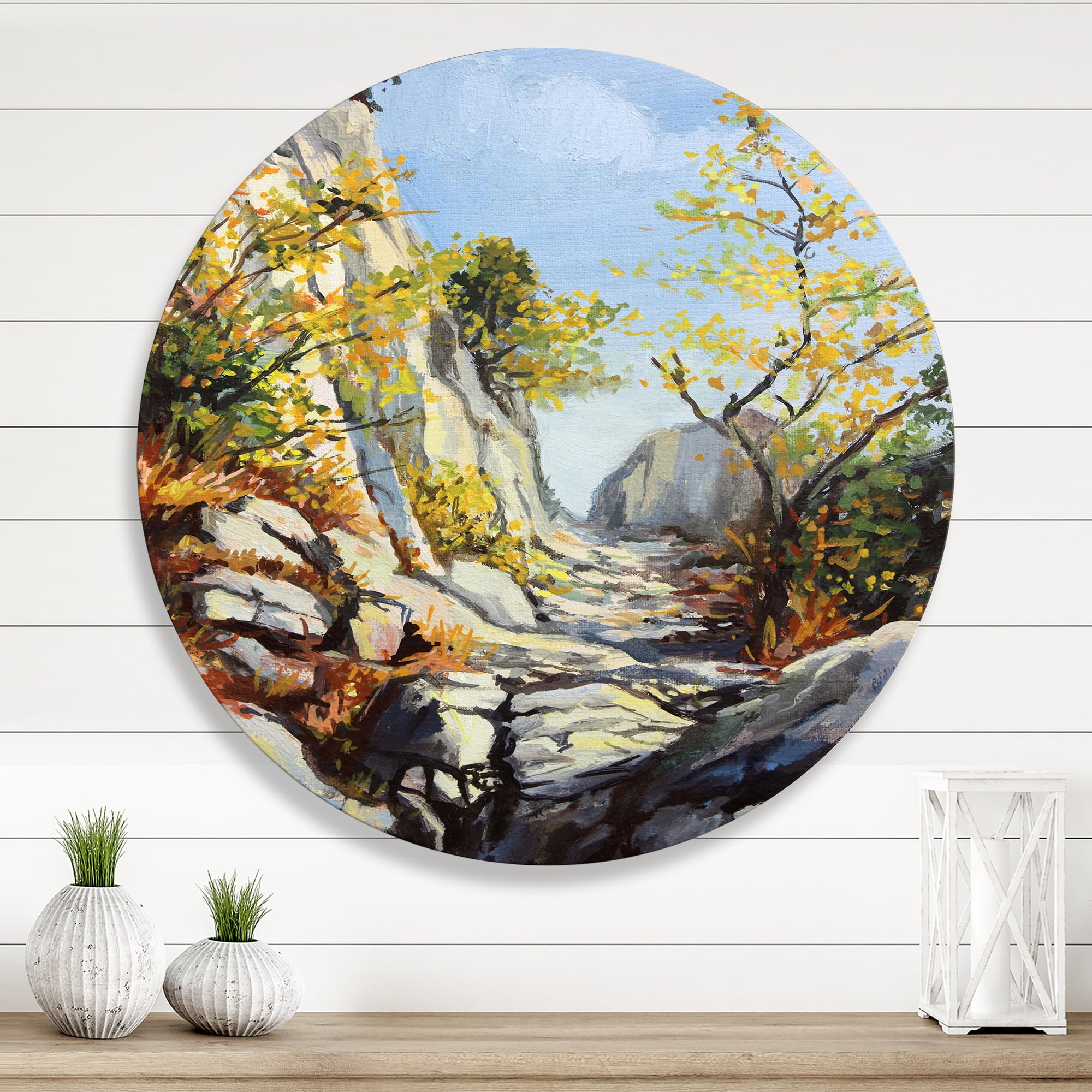Designart 'Marble Path In Autumn Mountain' Traditional Circle Metal Wall Art 23x23 - Disc of 23