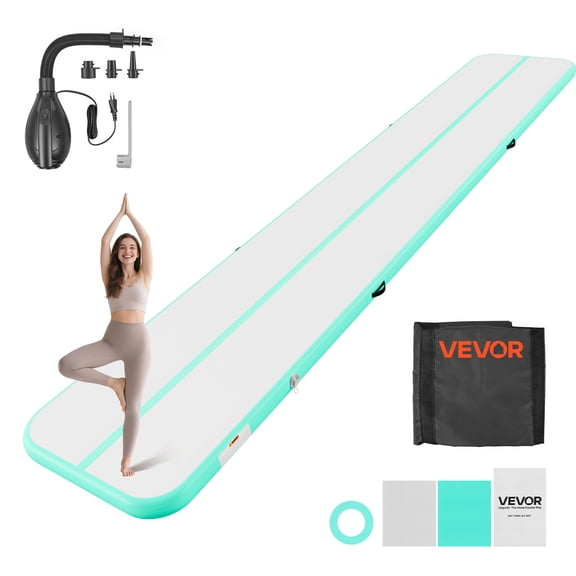 VEVOR Inflatable Gymnastics Air Mat 20 ft Training Mats w/ Electric Pump, 4 inches Thick Sturdy Tumble Track, Tumbling Mat for Home Use/Gym/Outdoor/Yoga/Cheerleading/Beach/Park/Water, Mint Green