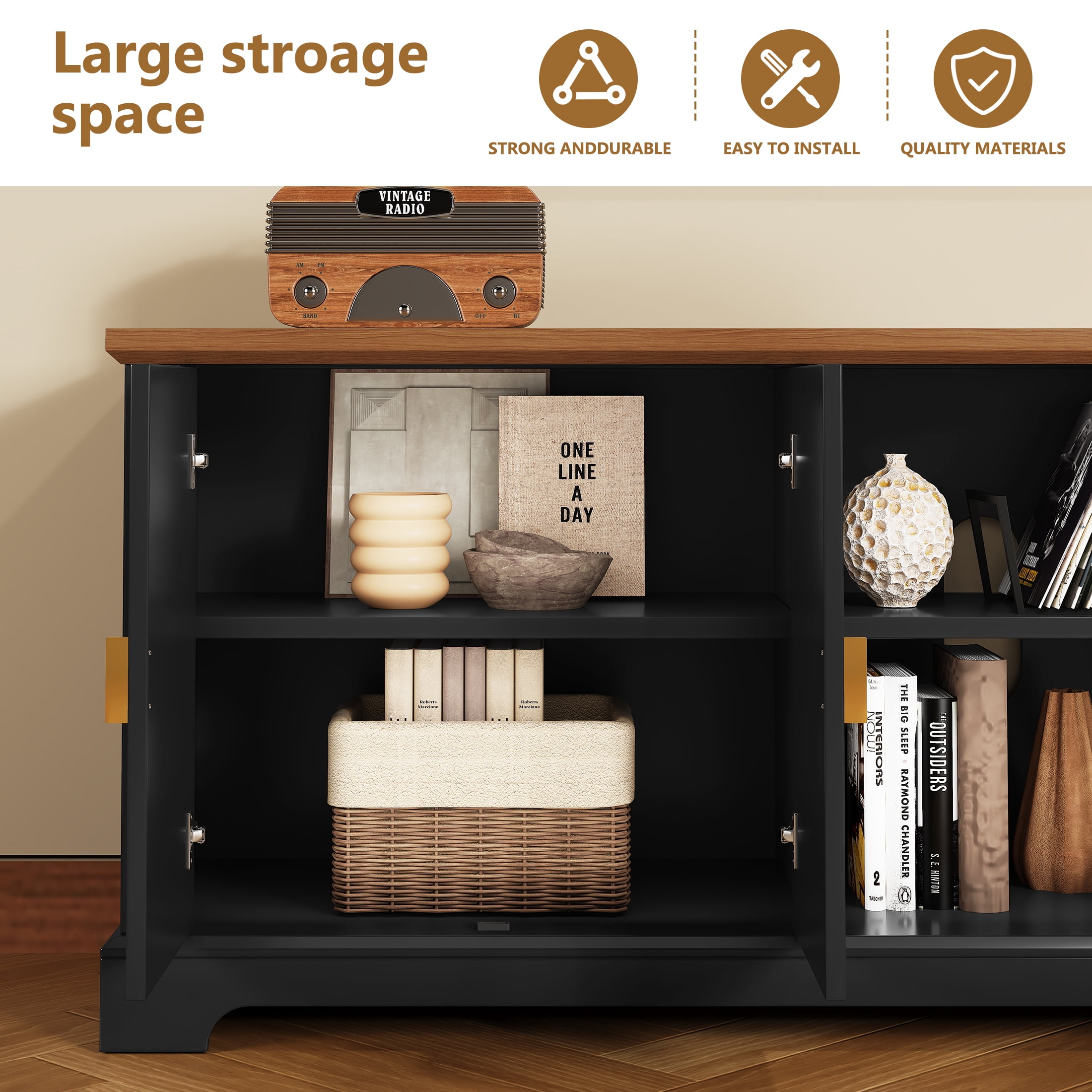 67" TV Stand for 75" TV with Storage and Shelves, Mid-Century Style, Black