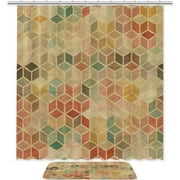 OWNNI Beautiful Rhombus Hexagon Pattern Pongee Shower Curtain Set with Polyester Floor Mat - Elegant and Waterproof Decor for Bathroom