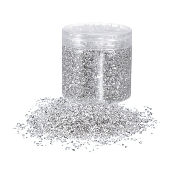 Uxcell 305g Crushed Glass Chips 3-6mm Irregular Broken Sprinkles Chunky Glass for Crafts DIY Vase Filler, Silver Tone