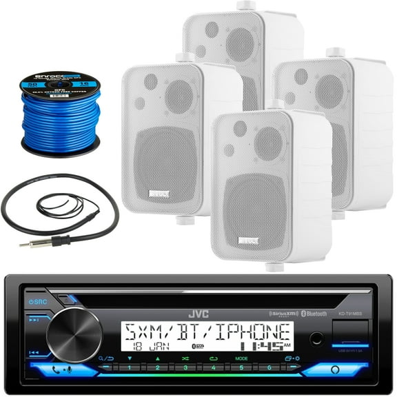 Single DIN In-Dash Marine Bluetooth CD Player Stereo USB AUX Receiver, 4x Enrock 4" 3-Way Indoor Outdoor Audio White Box Speakers, 22" Universal Wired AM/FM Radio Antenna, 16G Speaker Wire