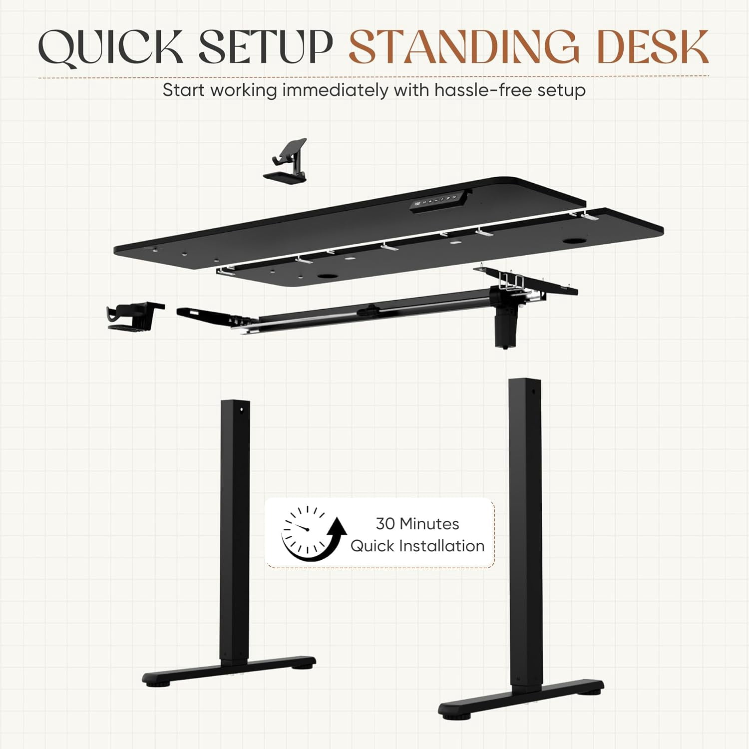 CHTER Electric Standing Desk, 45 x 24 Inches Height Adjustable Sit Stand up Desk, Memory Preset Computer Home Office Desks with Sturdy Metal Frame, Phone Stand Cable Management Hole (Black, 45'')
