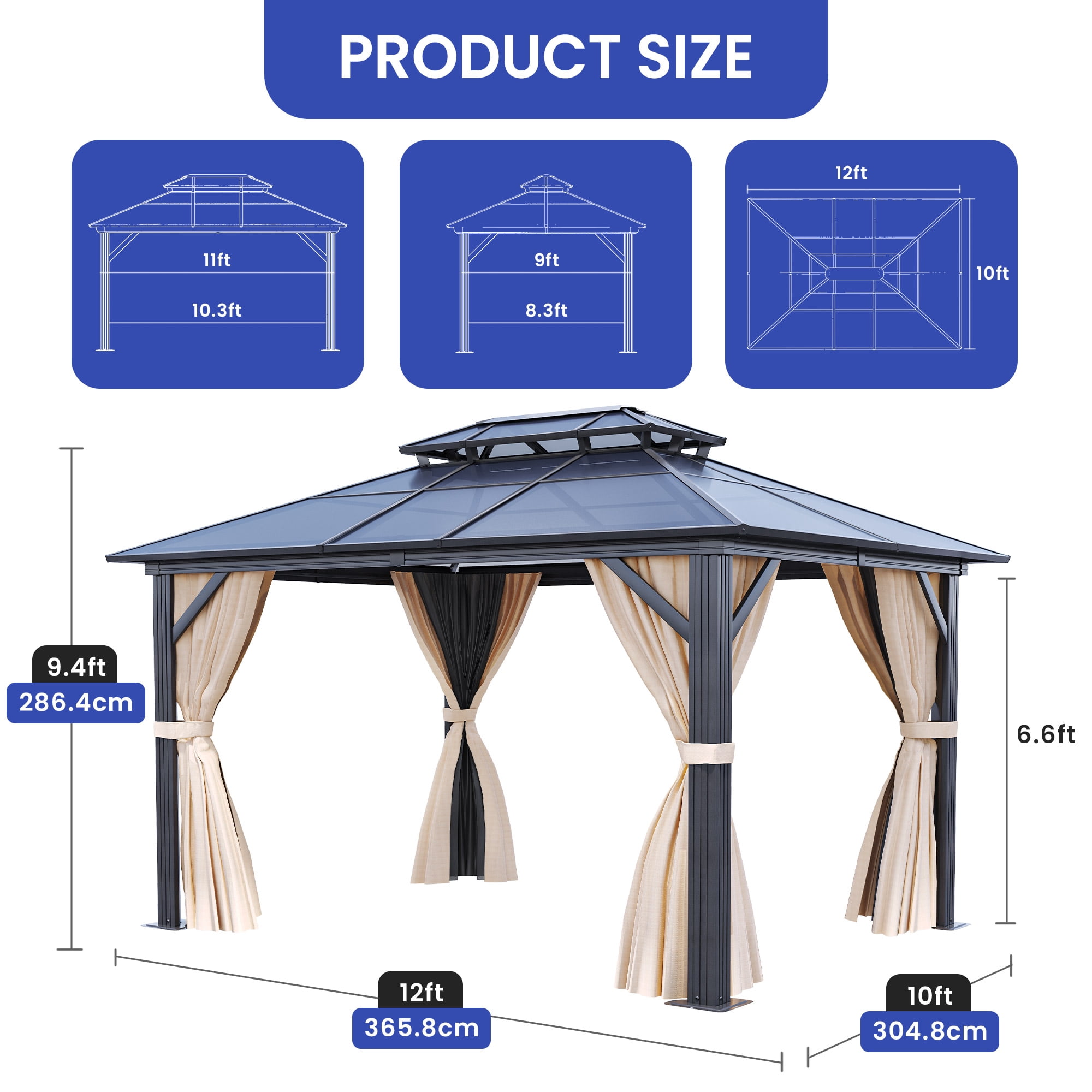 Dextrus 10x12ft Double Roof Hardtop Gazebo with Netting & Brown Curtains,Outdoor Aluminum Frame Polycarbonate Canopy,Garden Tent for Patio, Backyard, Black&Brown