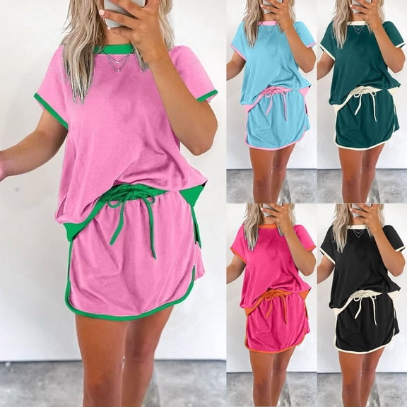 Women's 2 Piece Set, Drop Shoulder T-Shirt and Skort with Built-in Shorts, Color Block Casual Outfit, Athletic Skort Set for Summer Loungewear, Beach Vacation, Travel and Daily Wear-Black