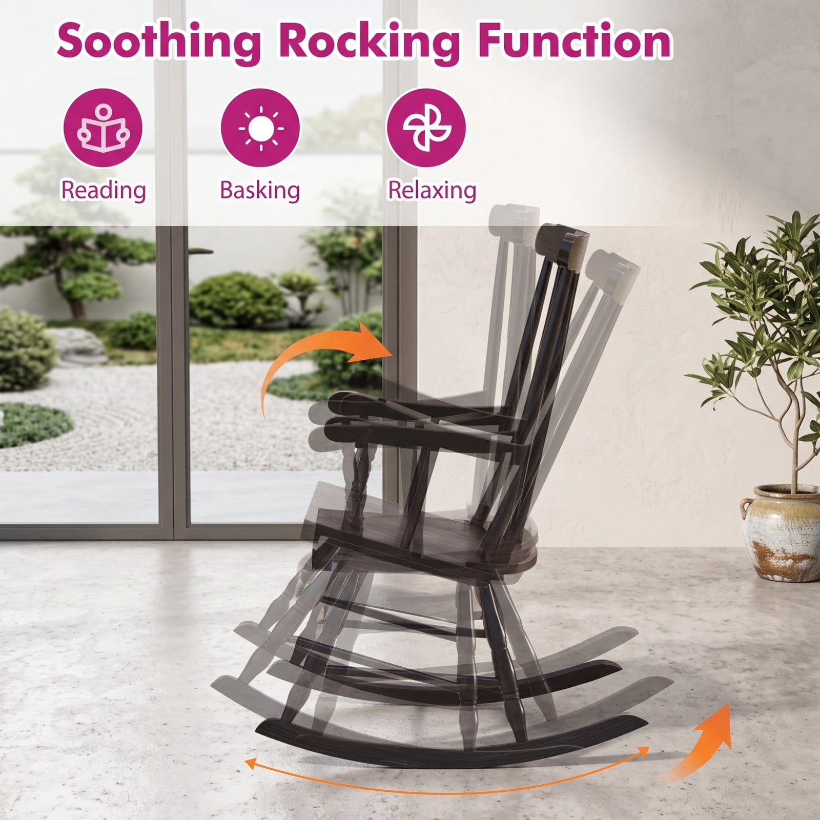 Furnibear Rocking Chair with Solid Rubber Wood Frame and Classic Spindle Back for Indoor Living Room, Front Porch and Patio, Brown