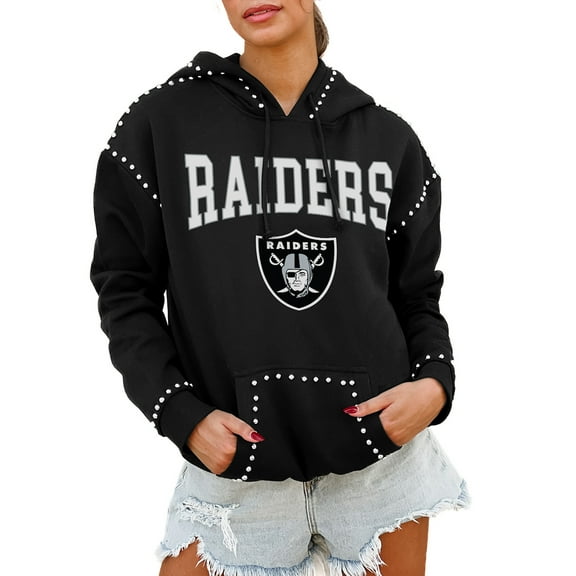 Women's Gameday Couture Black Las Vegas Raiders Oversized Catch the Vibe Studded Pullover Hoodie