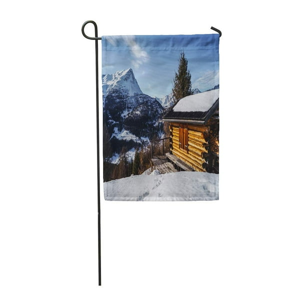 JSDART Blue Log Mountain Cabin in The Alps of Austria Alpine Chalet Garden Flag Decorative Flag House Banner 28x40 inch