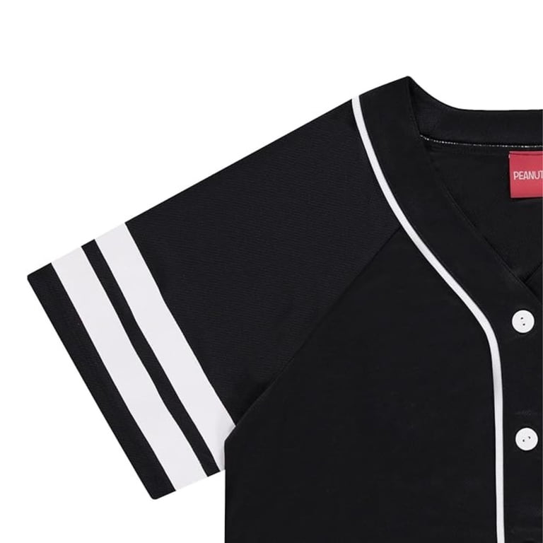 Peanuts Ladies Snoopy Baseball Jersey Snoopy Charlie Brown, Woodstock, Linus Mesh Button Down Baseball Jersey (Black, X-Small)