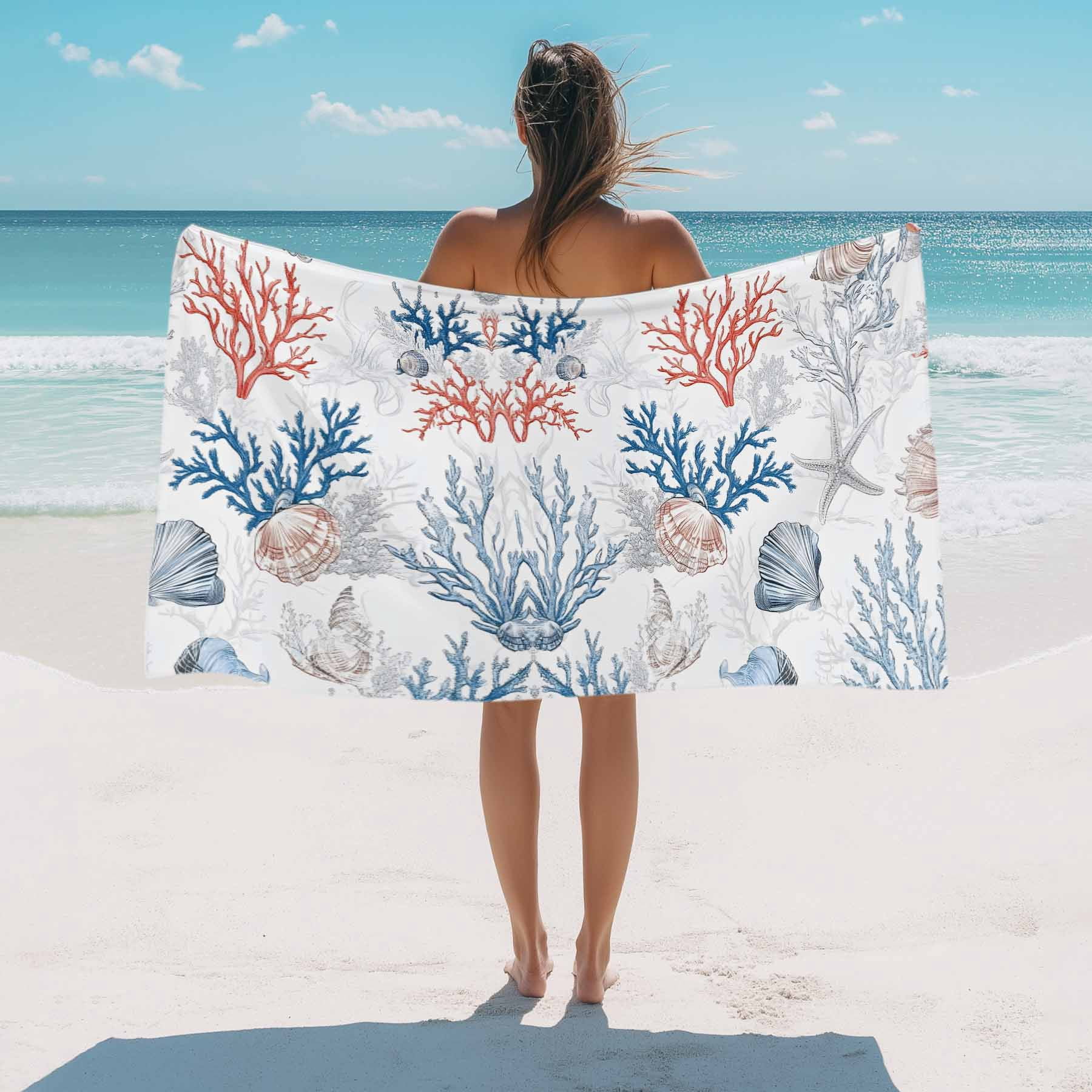 Coastal Nautical Beach Towels Blanket Soft&Absorbent Quick Dry Microfiber Ocean Coral Shell Pattern Pool Towels for Swimming ,Yoga, Sports, Gym, Camping,Large 35X70in, Blue Aqua
