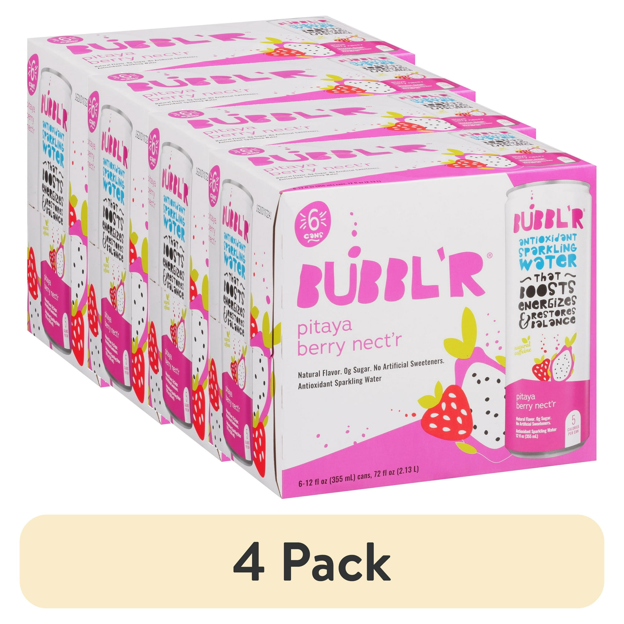 (4 pack) BUBBL'R Antioxidant Sparkling Water, Pitaya Berry Nect'r, 12 fl oz, 6 Pack Cans