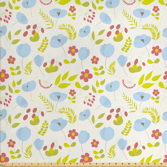 Spring Sofa Upholstery Fabric by the Yard, Pastel Repetitive Pattern with Wild Meadow Garden Art Botany Herbs Flowers, Decorative Fabric for DIY and Home Accents, Ivory and Multicolor by Ambesonne