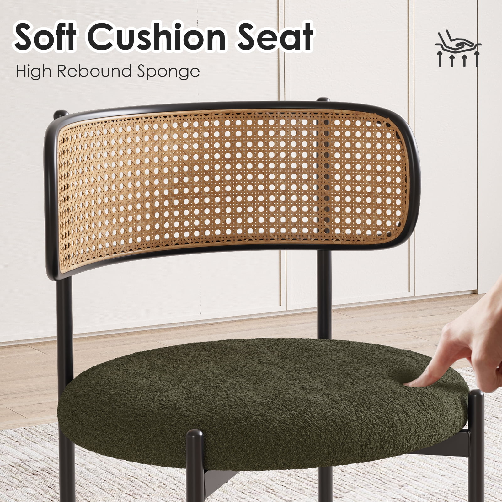 STARY Upholstered Dining Chair Set of 2, Rattan Backrest Kitchen Chair, Green