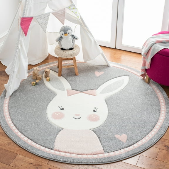SAFAVIEH Carousel Kids Clark Shy Bunny Area Rug, Gray/Ivory, 5'3" x 5'3" Round