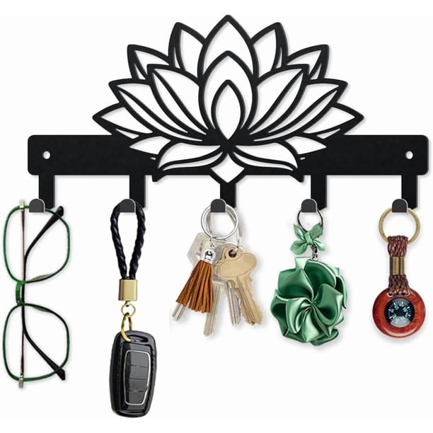 Llavero de pared con diseño de flor de loto de 12 x 25 cm, con pétalos huecos, de metal, con 5 ganchos, color negro, con plantas de verano, decorativo.