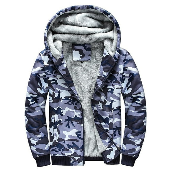Elvqul Blue Jackets for Men Bomber Winter Hooded Camo Fleece Coat Lightweight Long Sleeve Pockets Jackets Zipper Shirts