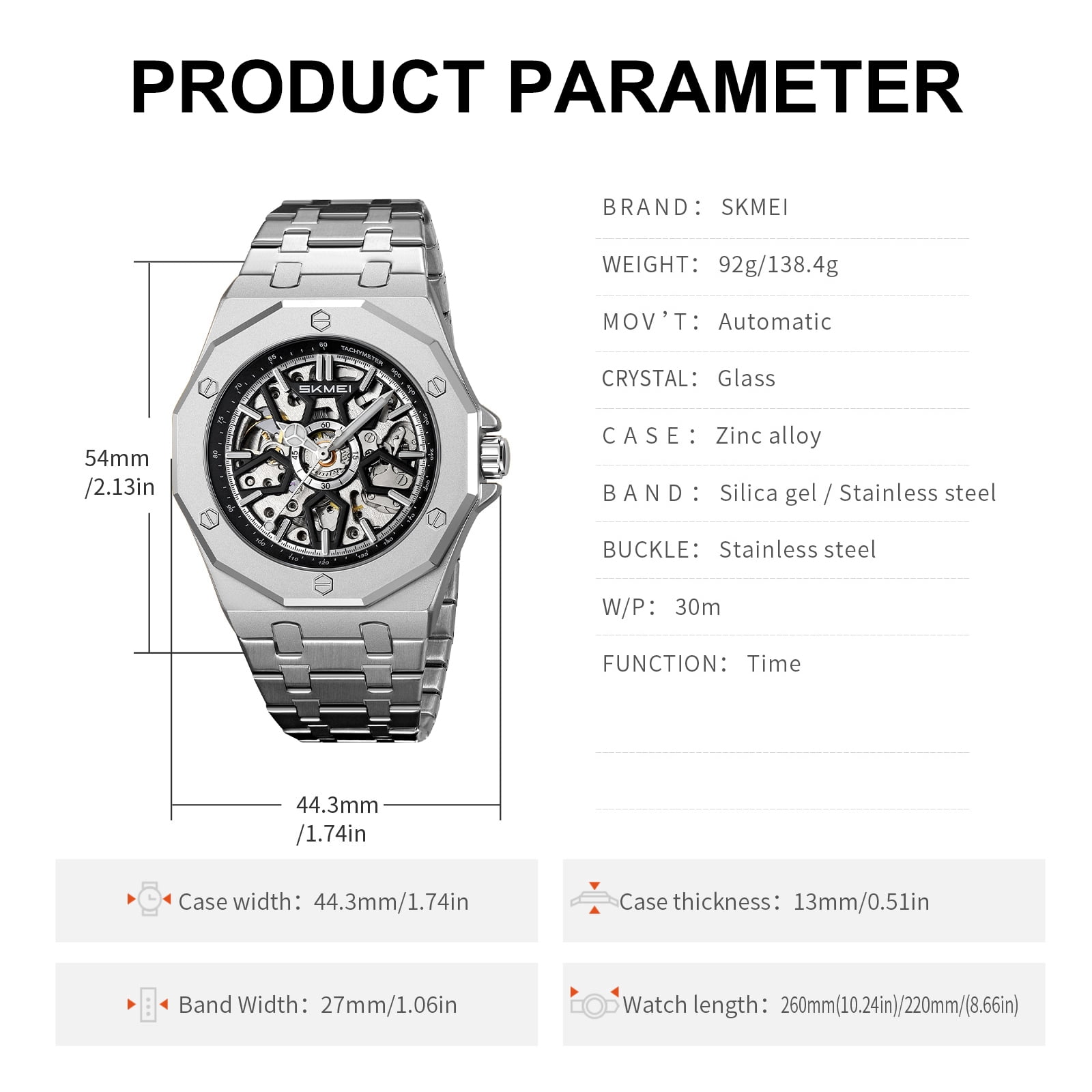 SKMEI Mens Luxury Skeleton Automatic Mechanical Wrist Watches Business Leisure Waterproof Luminous Pointer Self-Winding Wrist Watch