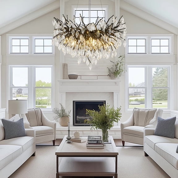 Crystal Chandelier for Dining Room, 24" Black Modern Living Room Light Fixture, Tree Branch Chandeliers with 8-Light, Round Chandelier for Dining Table, Bedroom, Entryway, Bathroom, Foyer